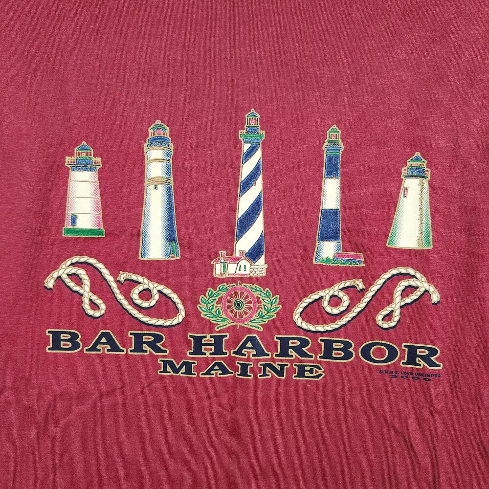 Vintage Bar Harbor Maine Shirt Mens Medium Red Lighthouses Graphic Logo Y2K